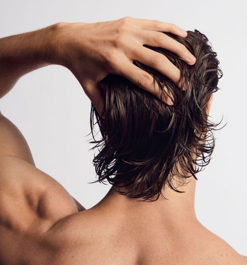 A close-up back view of a man with wet, styled dark brown hair, running his hand through his hair against a plain light gray background.