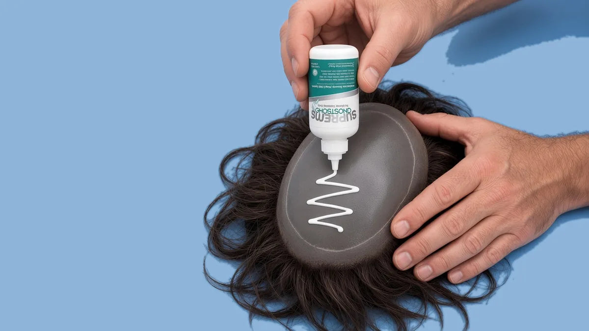 Ghostbond Supreme bottle held upside down, laying lines of white adhesive onto a poly hair system base (it goes on white and dries clear)