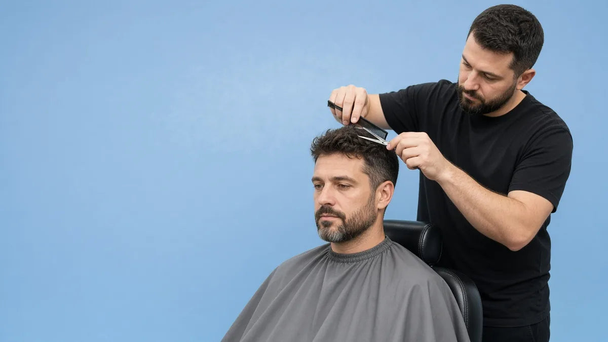 Barber cutting and blending a man's hair system with scissors and a comb to match his natural hair