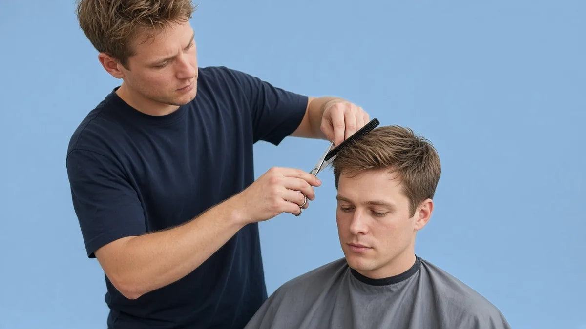 Barber cutting and blending a man's hair system with scissors and a comb to match his natural hair