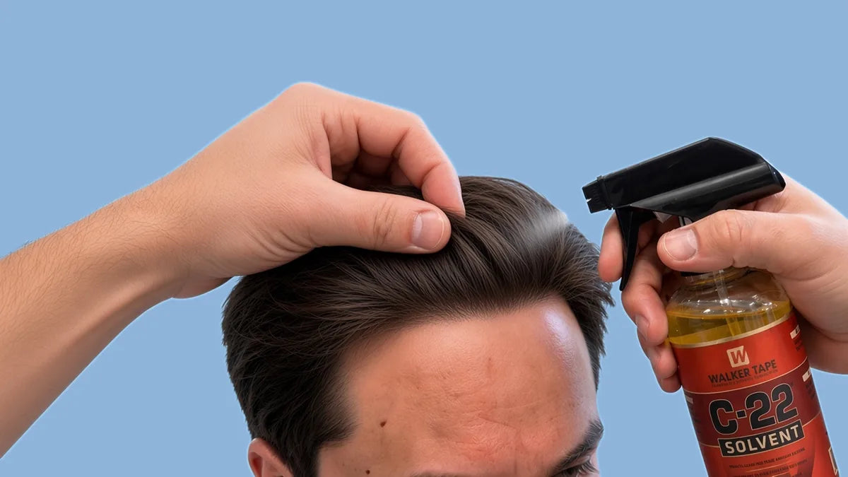 Lifting the front edge of a hair system with thumb and fingers while spraying Walker C-22 Solvent underneath to release it
