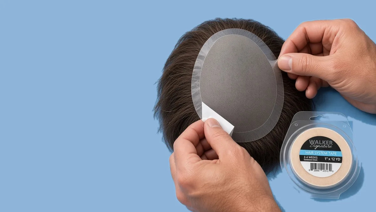 Peeling the white liner off the last strip of clear Walker tape around the edge of a hair system base, with a Walker Signature 1 inch x 12 yard tape clamshell beside it