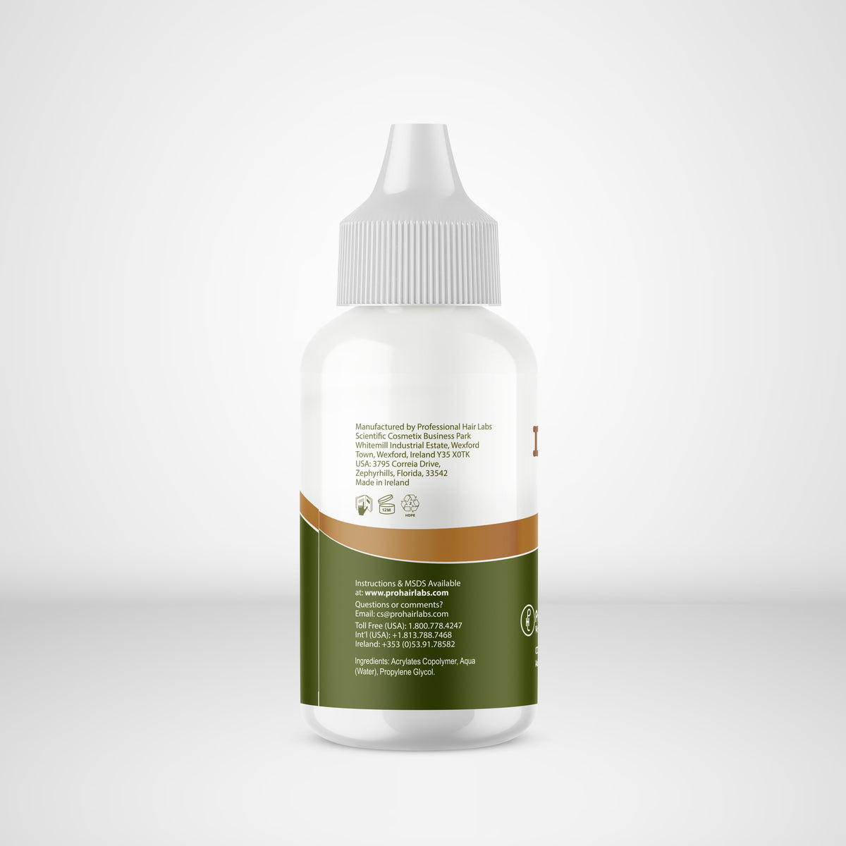 White bottle with a green label on a white background