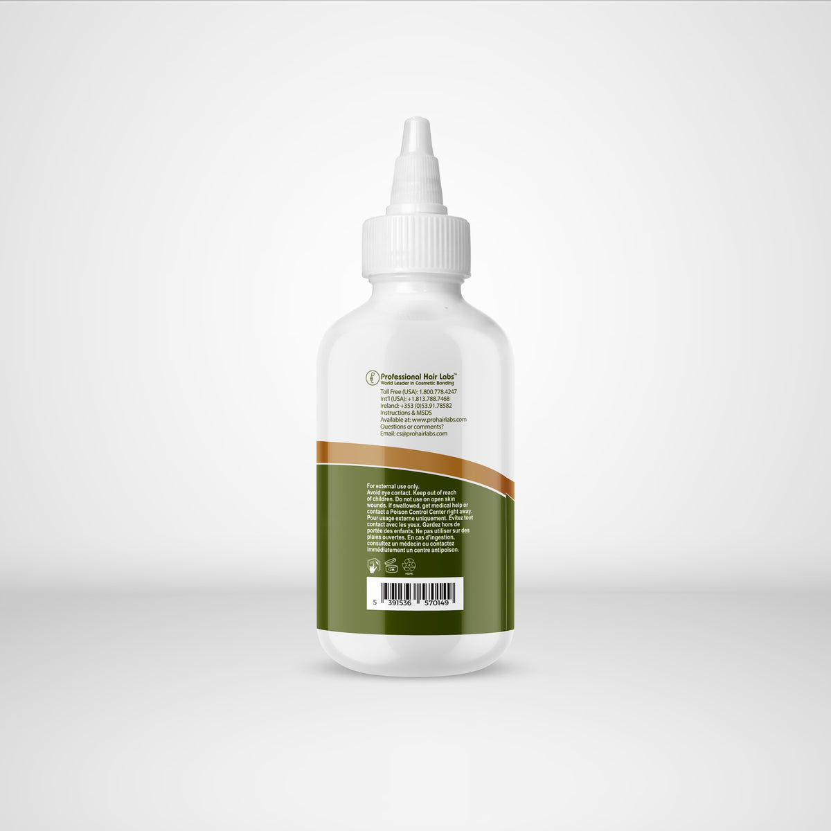 White bottle with a green label on a white background