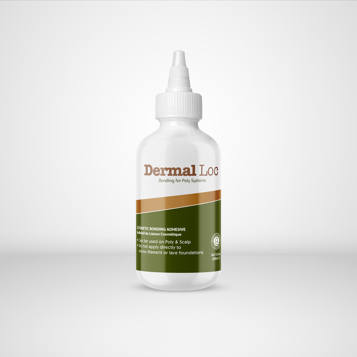 Bottle of Dermal Loc adhesive on a white background