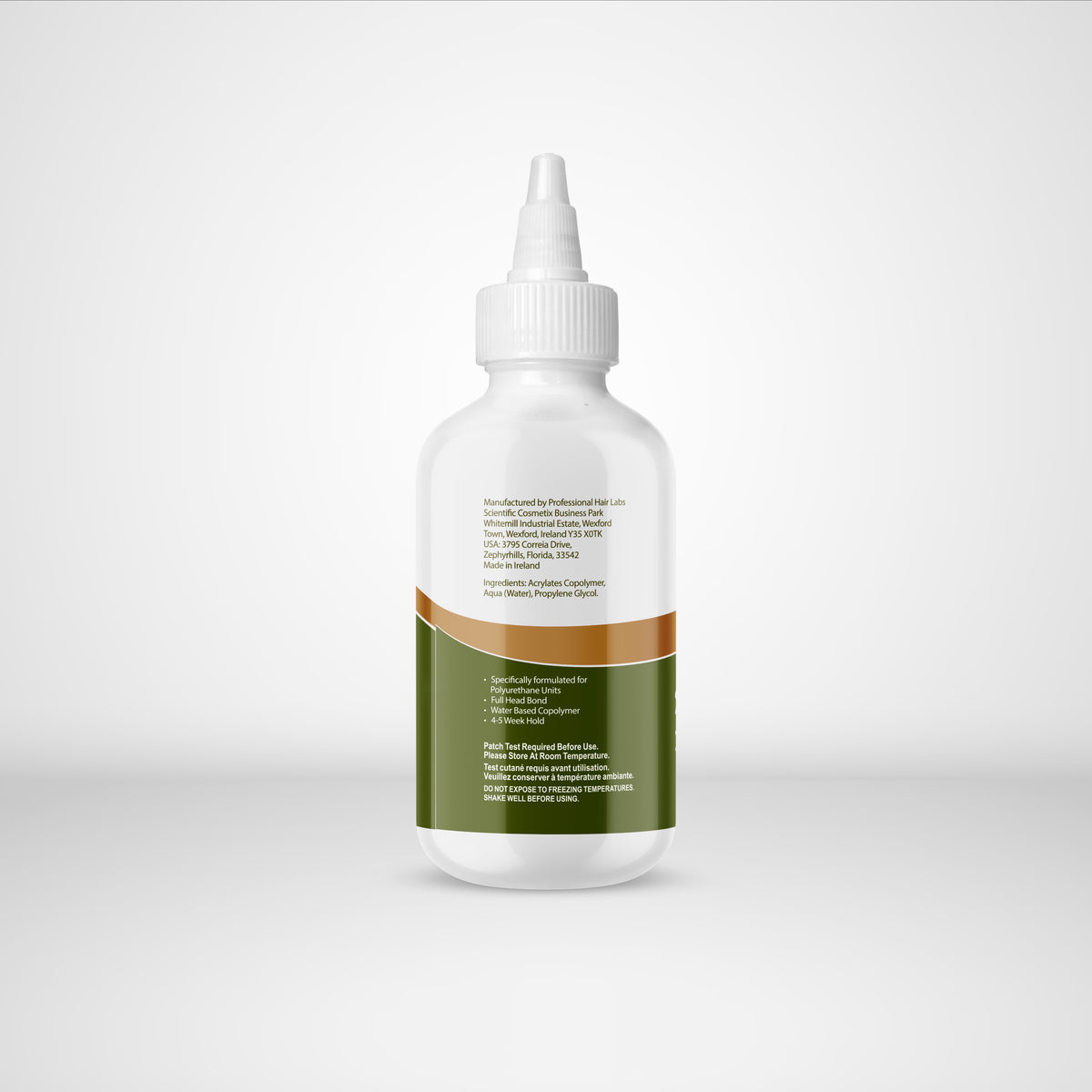 White bottle with a green label on a light gray background