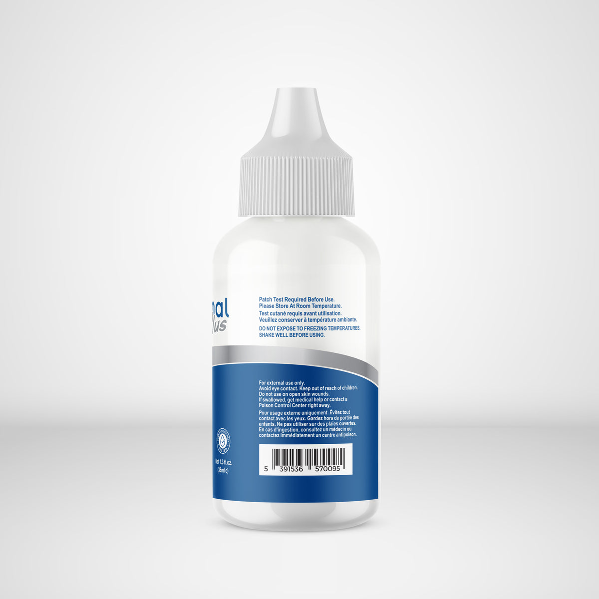 Bottle with a blue label on a white background