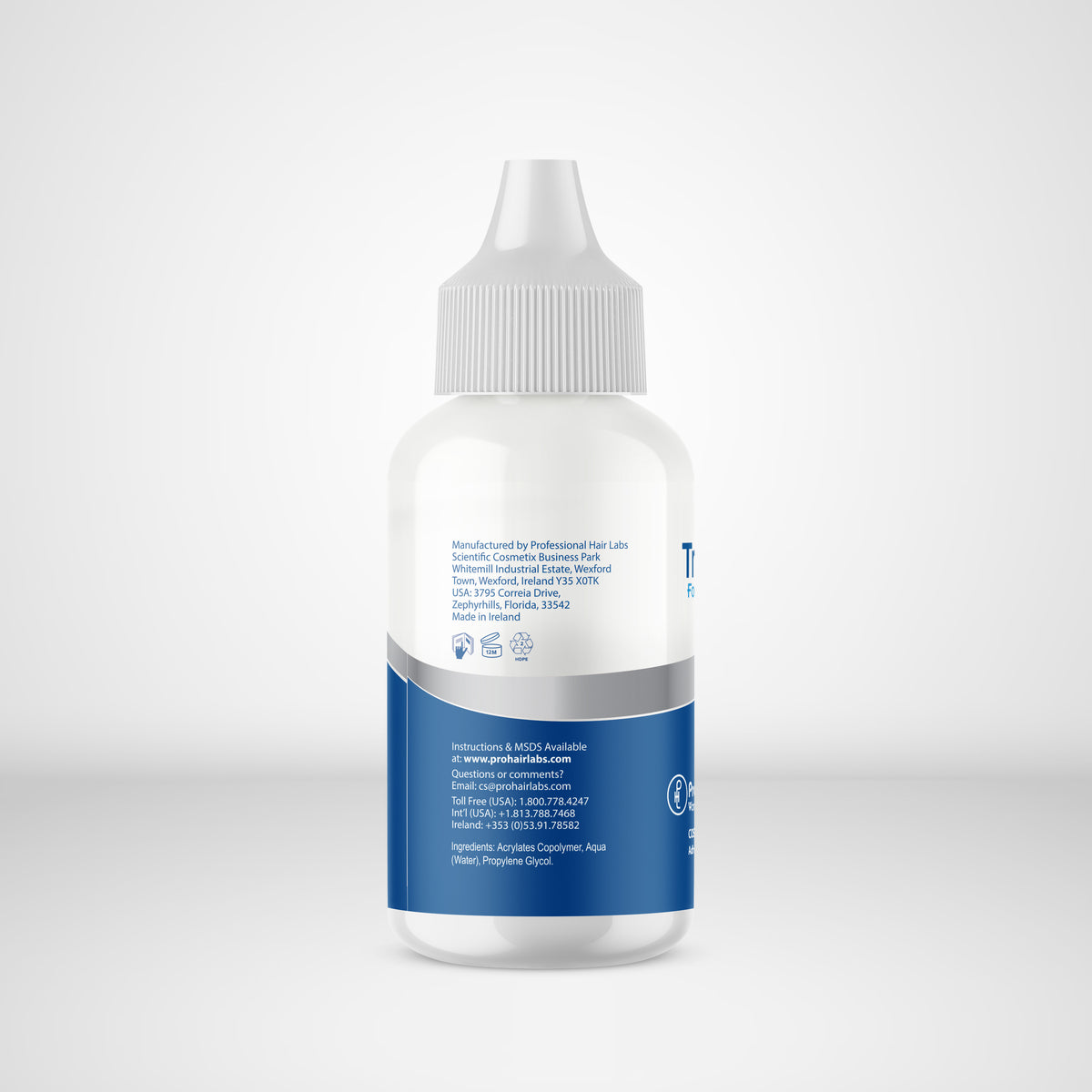 Bottle with a white cap and blue label on a light gray background