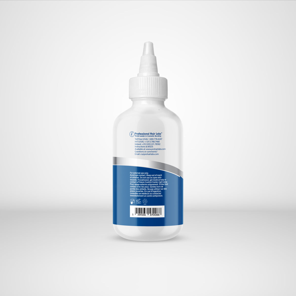 White bottle with blue label on a light gray background