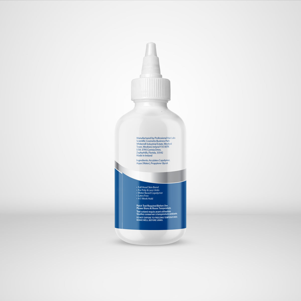 White bottle with a blue label on a light gray background