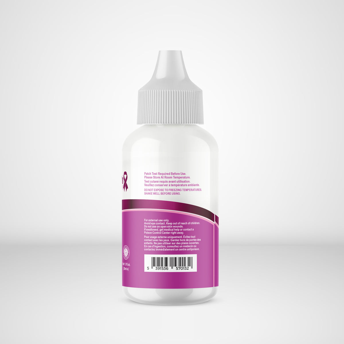 Bottle with a purple label on a white background