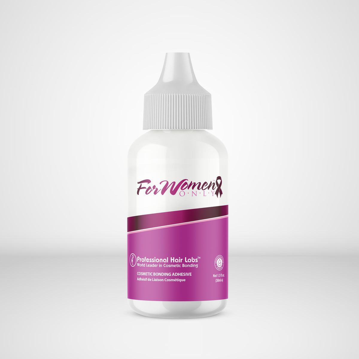 Bottle of 'For Women Only' hair product on a white background
