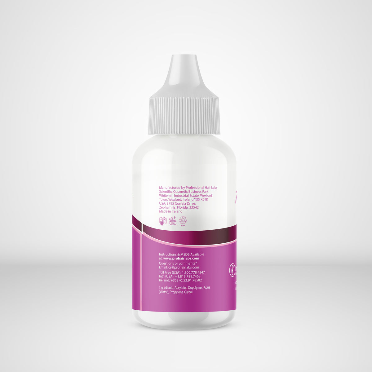 White bottle with a purple label on a light gray background