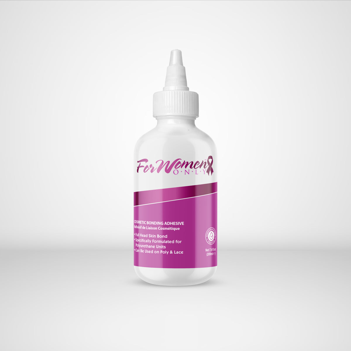 Bottle of cosmetic bonding adhesive with a pink and white label on a light gray background