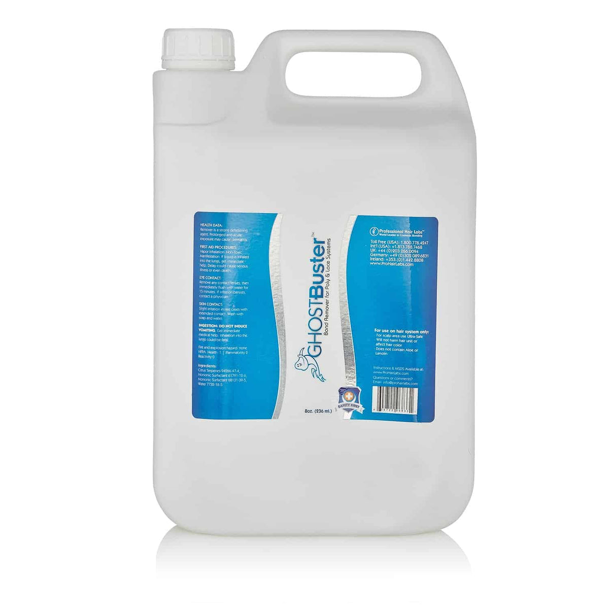 Large white container with a blue label on a white background