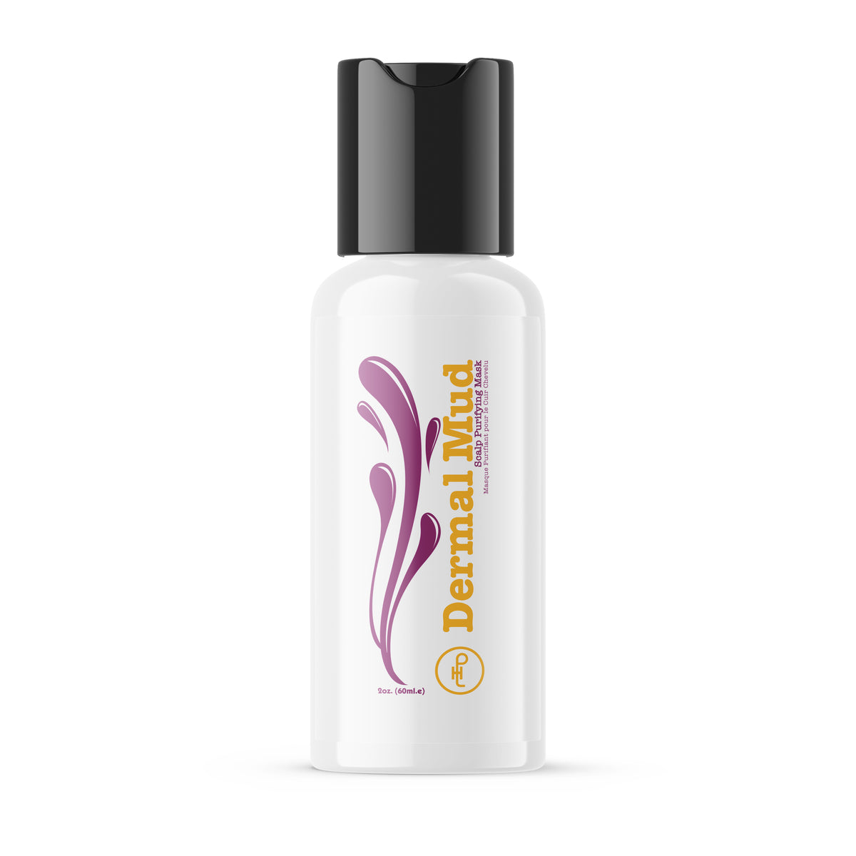 White bottle with black cap and 'Dermal Mud' branding on a white background