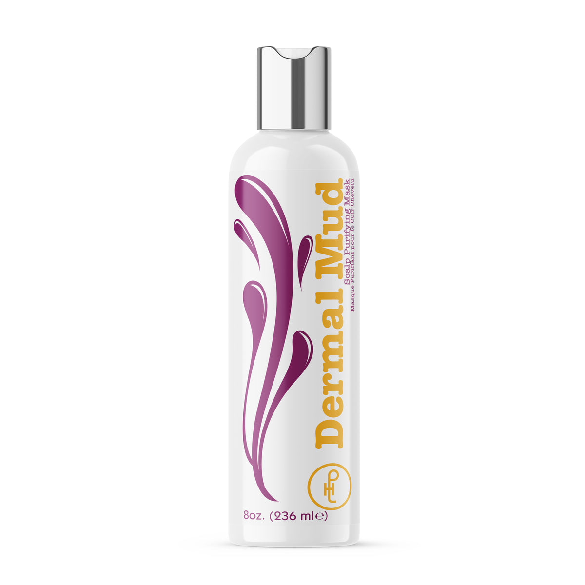 Dermal Mud bottle with purple design on a white background