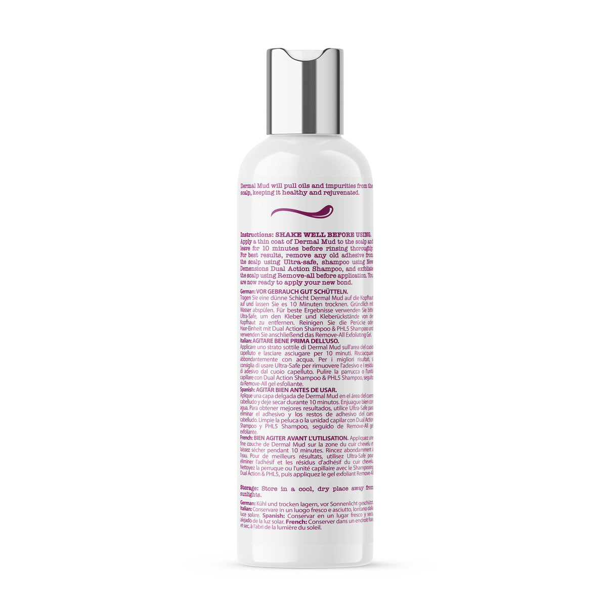 White bottle with purple text on a white background