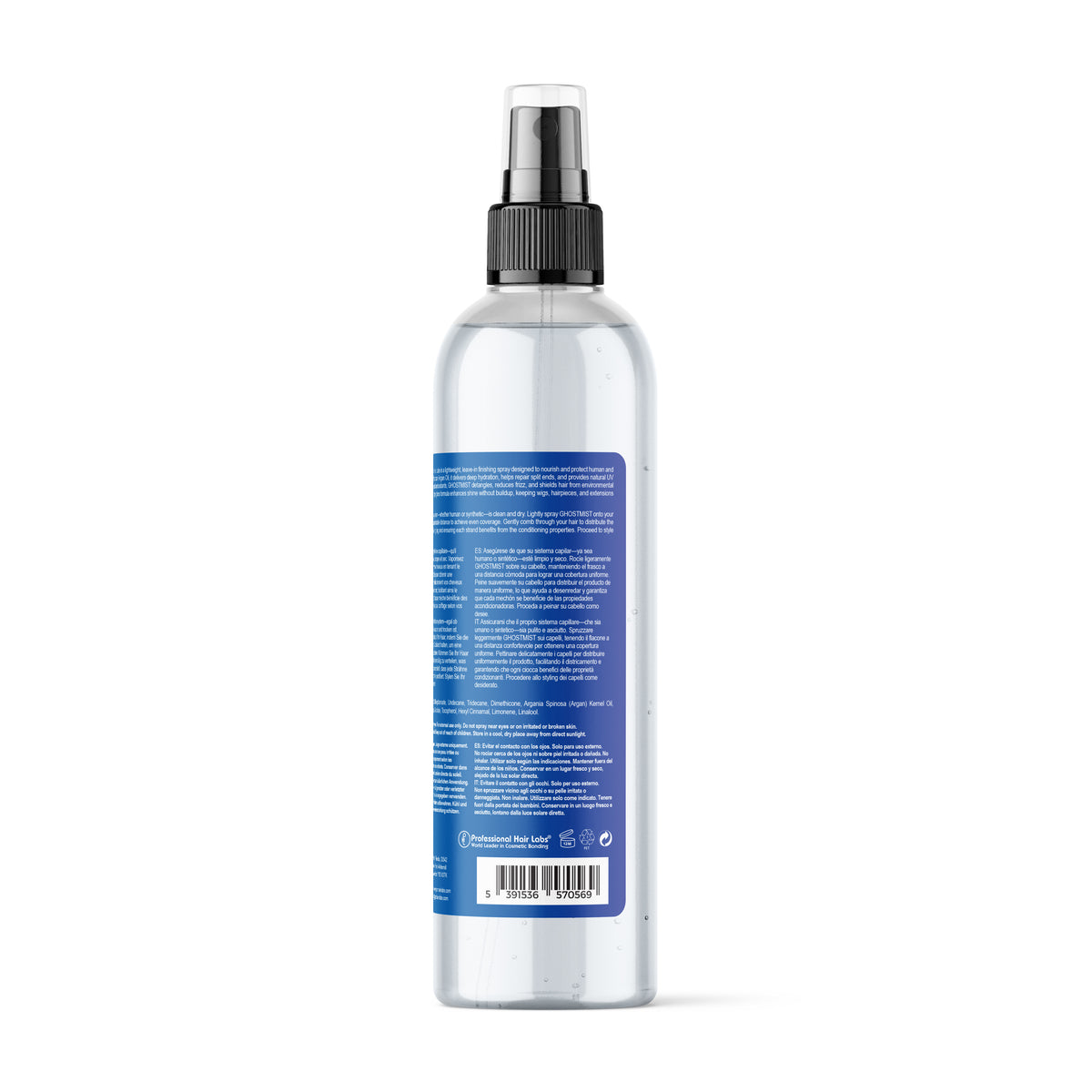 Clear spray bottle with a blue label on a white background