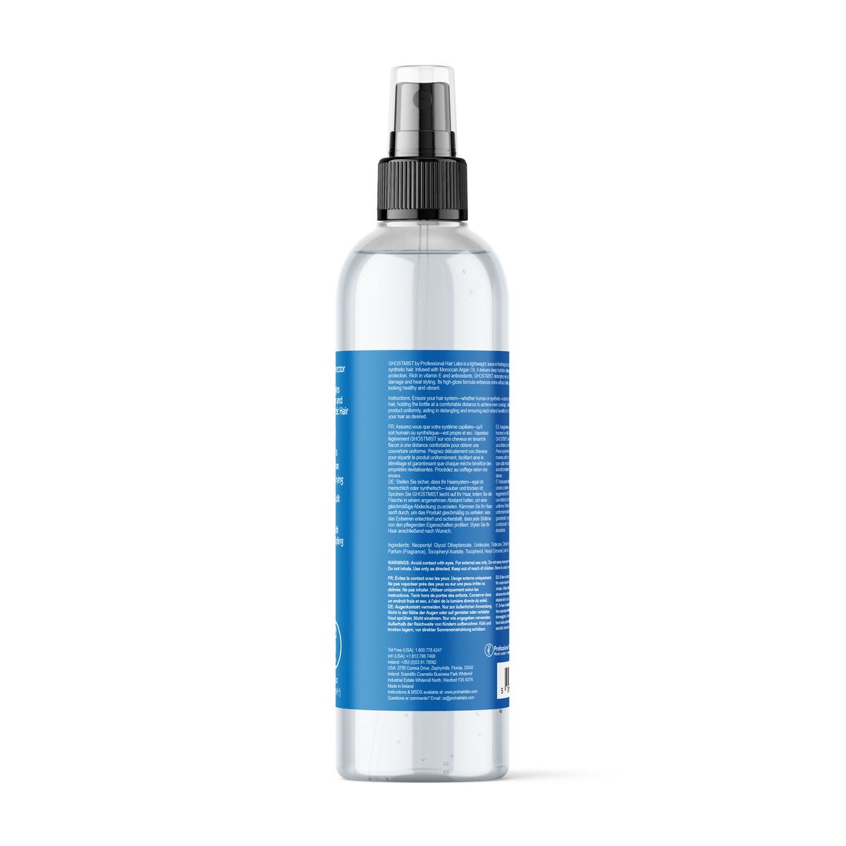 Clear spray bottle with blue label on a white background