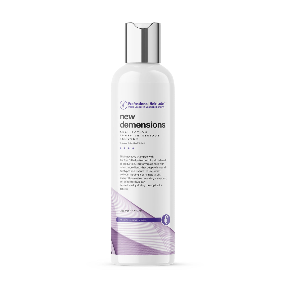 Shampoo bottle labeled 'new dimensions' on a white background