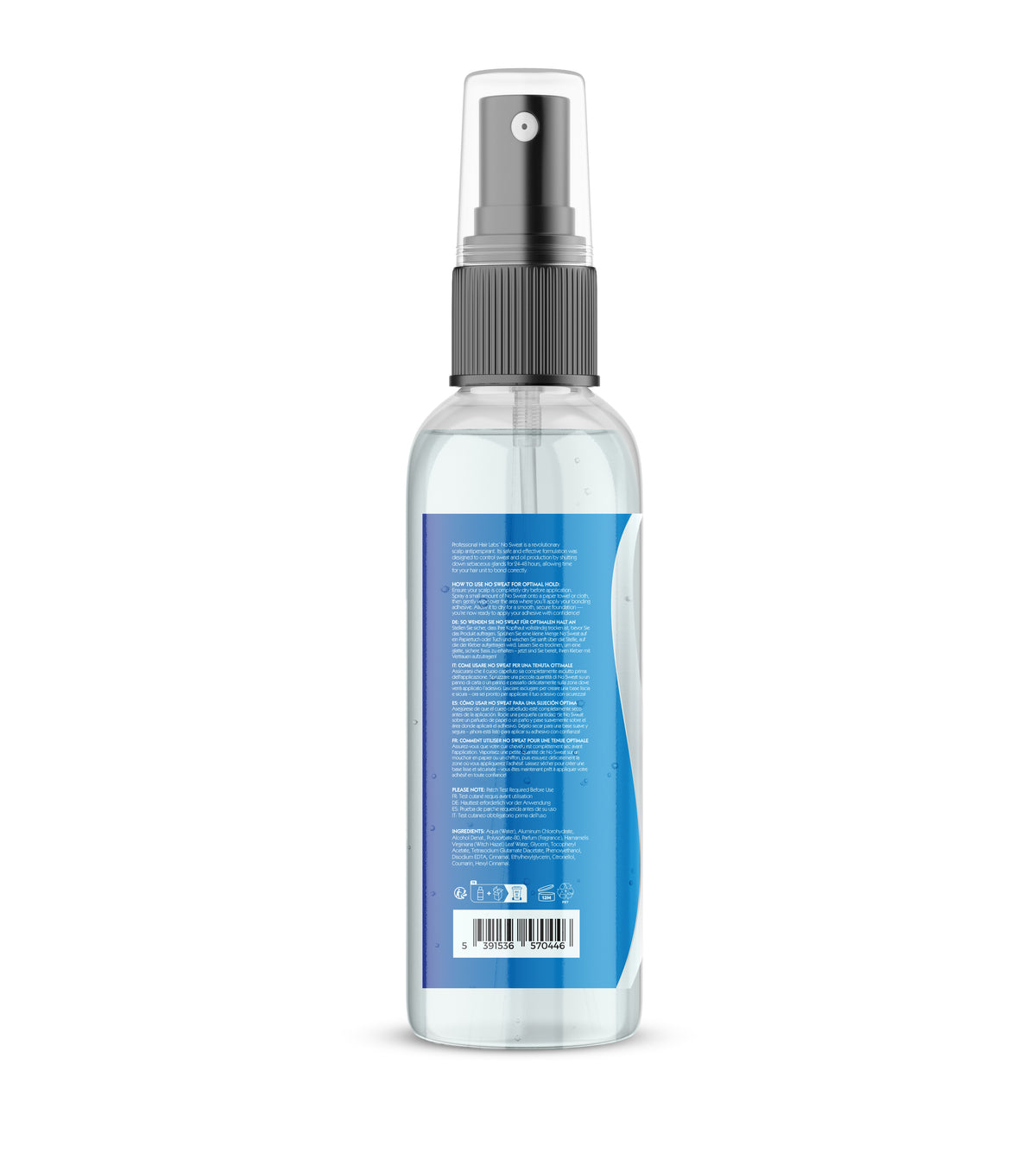 Clear spray bottle with blue label on a white background
