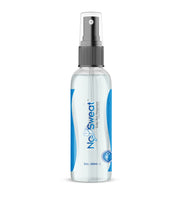 Clear spray bottle with blue label on a white background