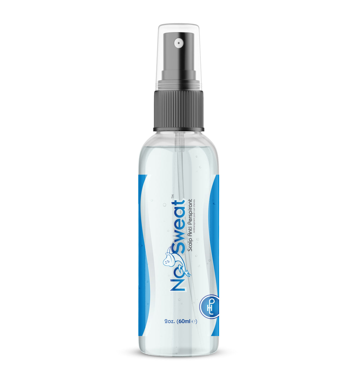 Clear spray bottle with blue label on a white background