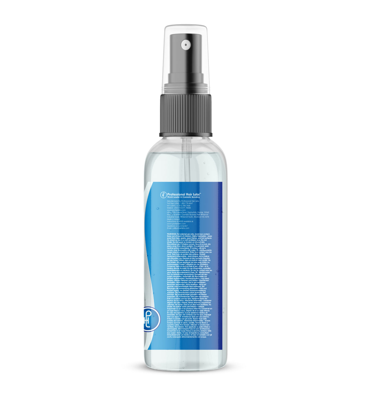 Clear spray bottle with blue label on a white background