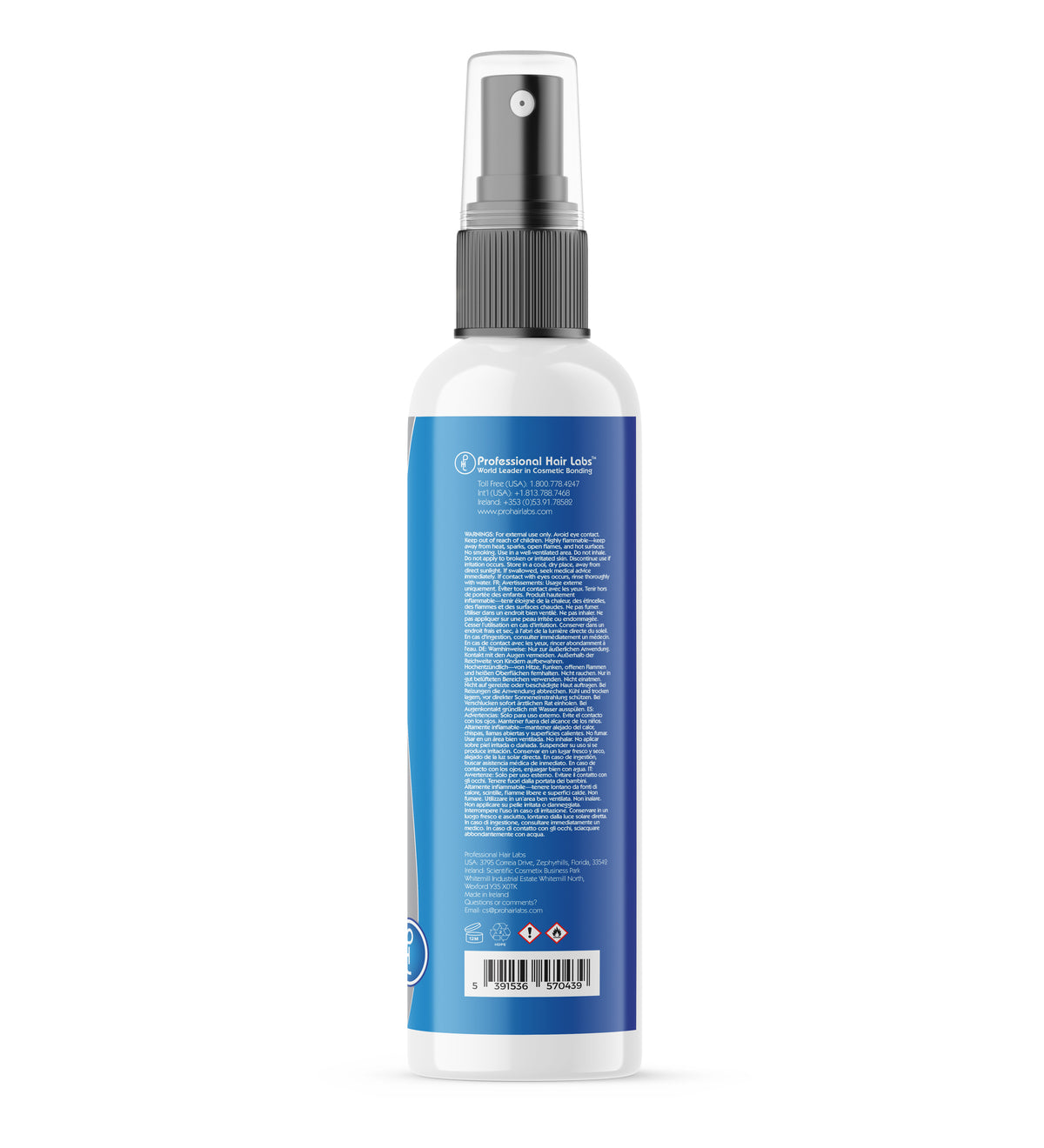 Spray bottle with blue label on a white background