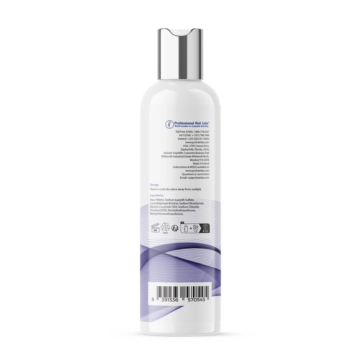 shampoo bottle with text and purple branding on a white background
