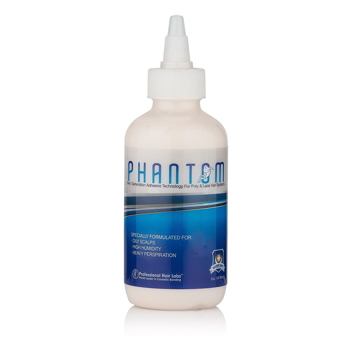 White bottle with blue label on a white background