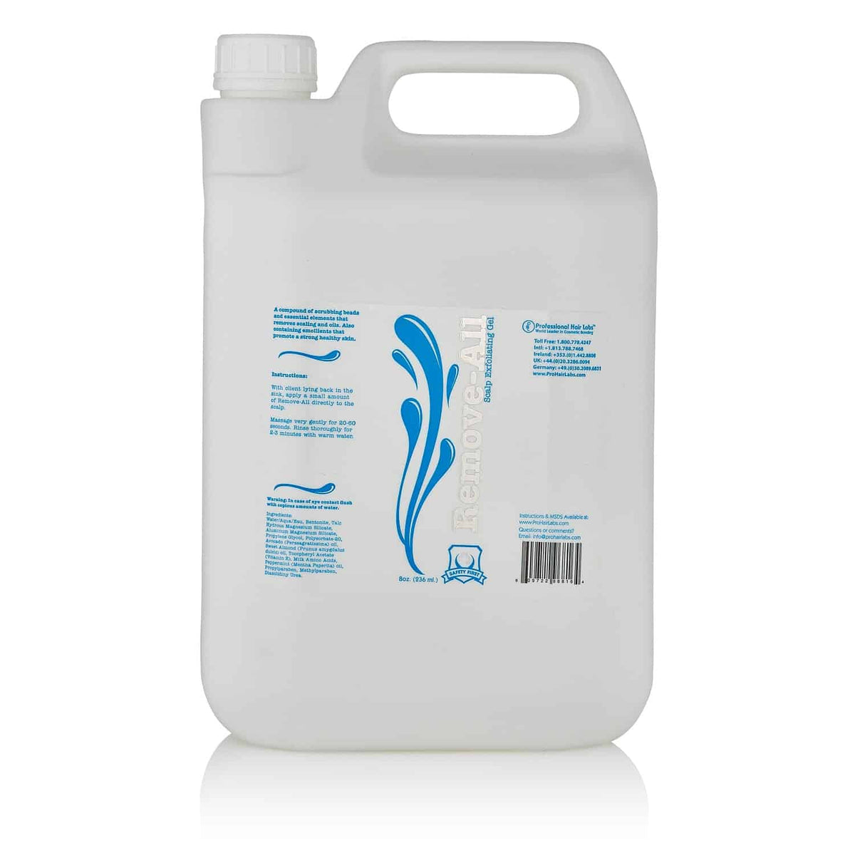 Large white container with blue text and graphics on a white background