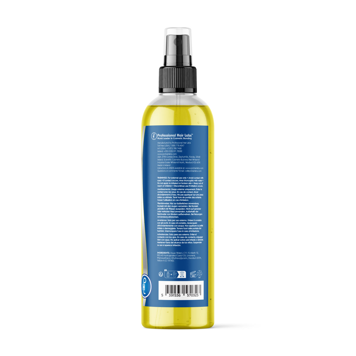 Bottle of hair glue remover with a blue label on a white background