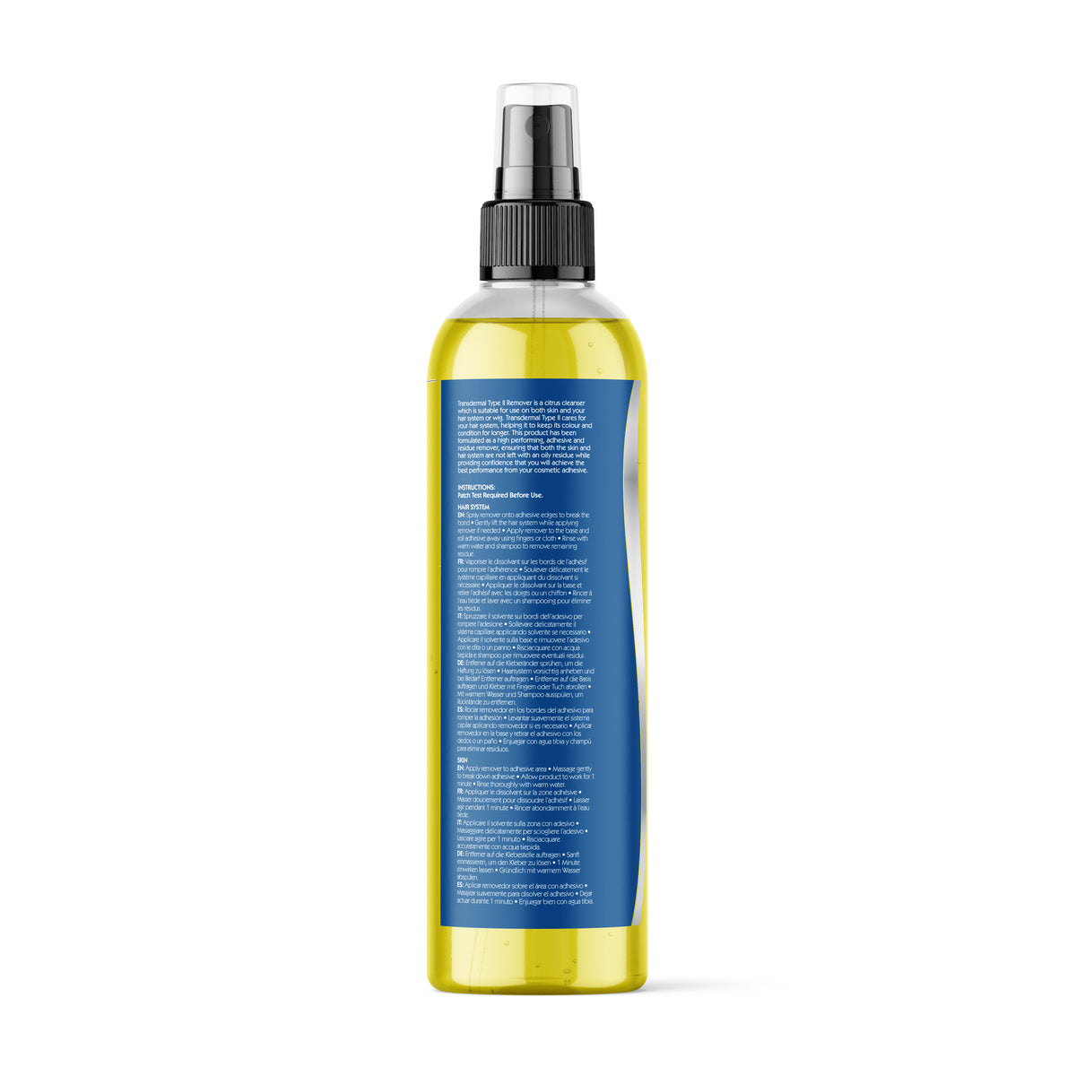 Spray bottle with yellow liquid and blue label on a white background