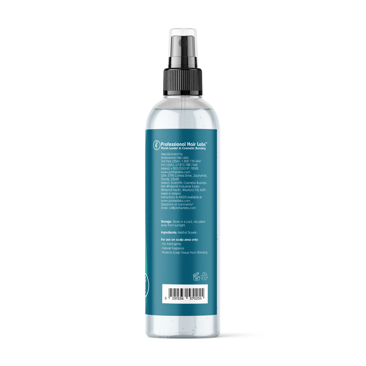 Clear spray bottle with blue label on a white background