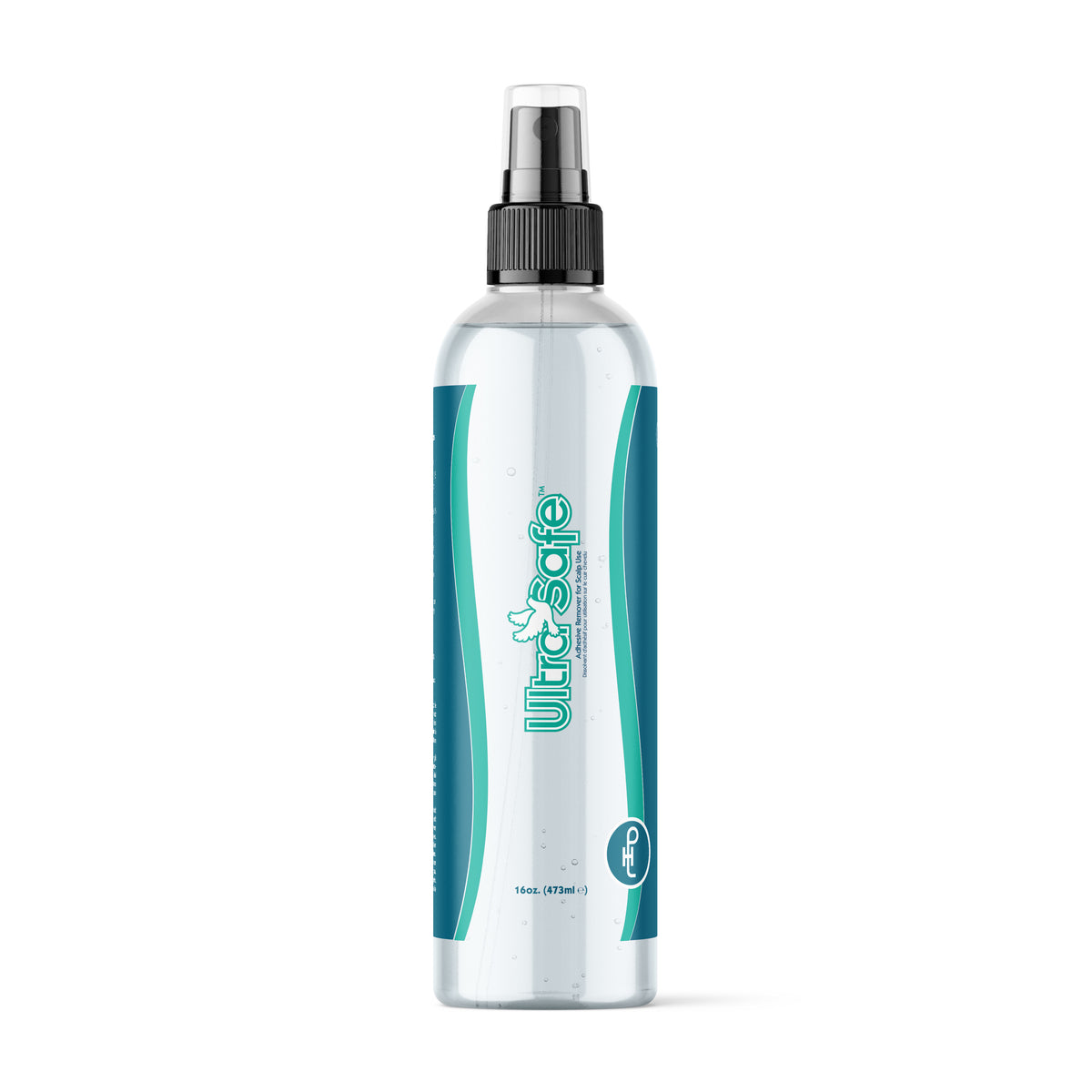 Clear spray bottle with black nozzle and teal and white label on a white background