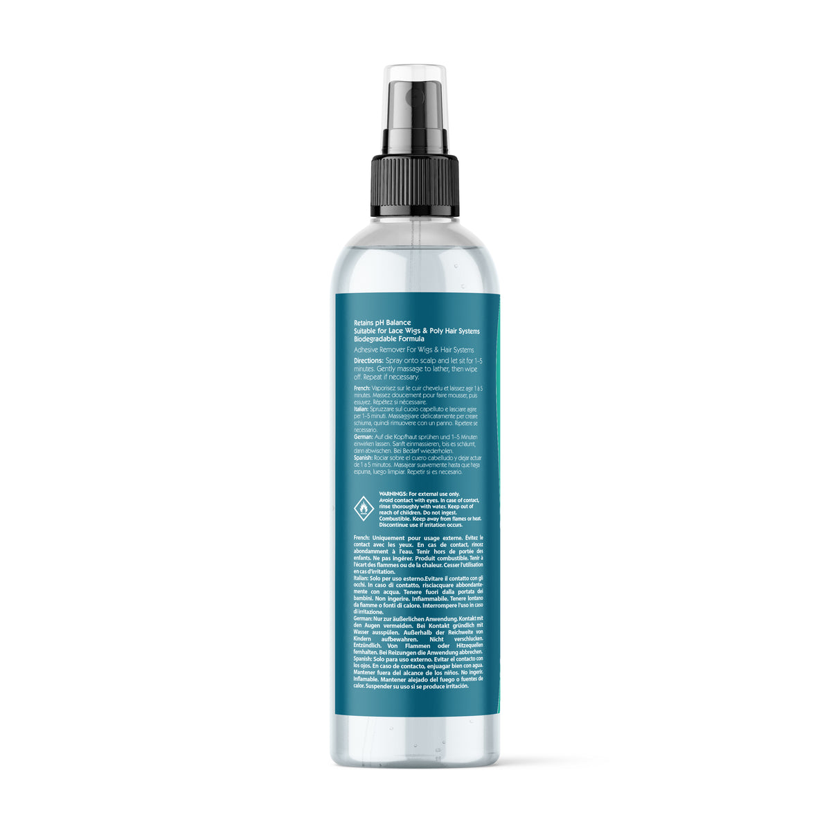 Clear spray bottle with blue label on a white background