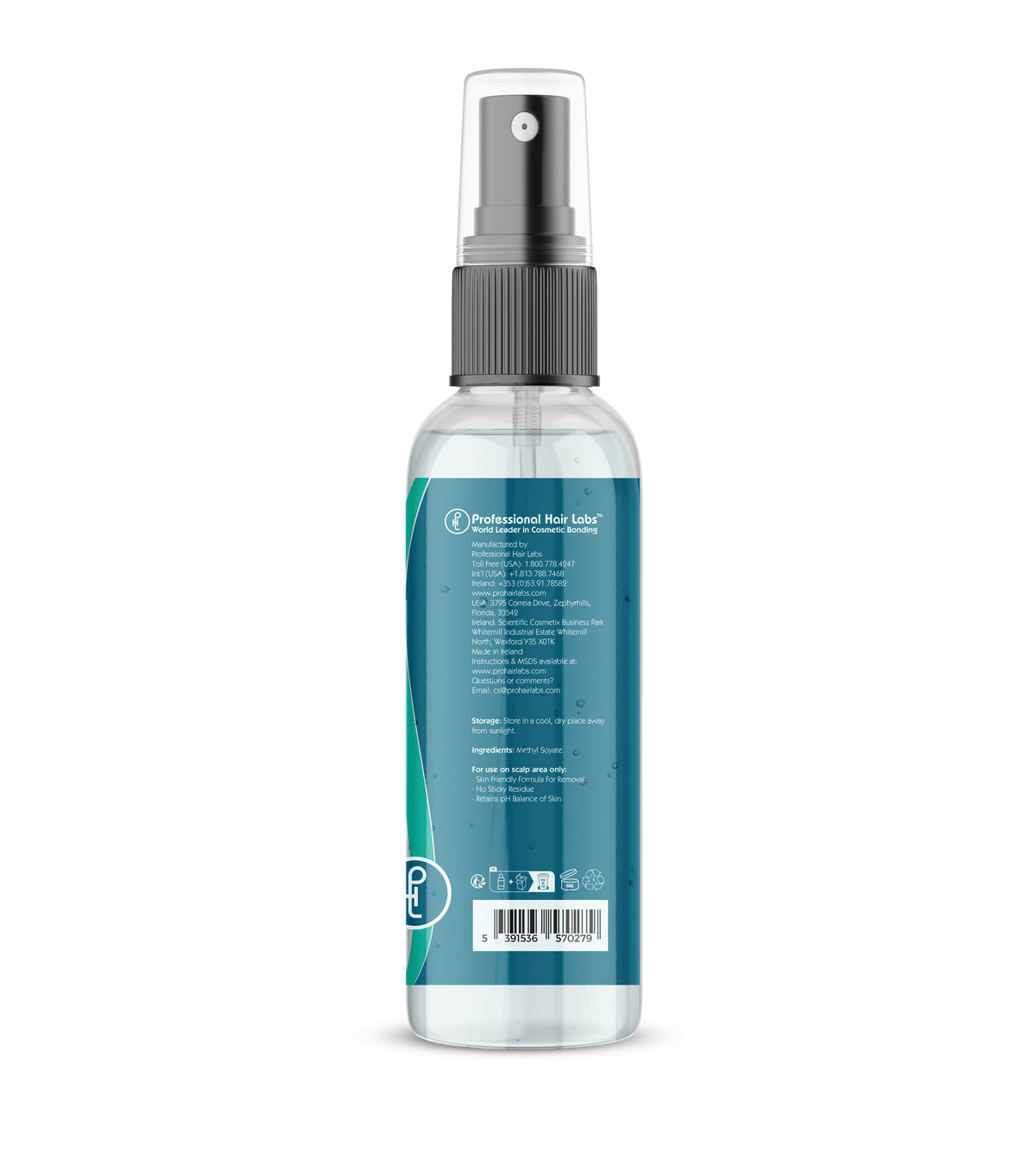 Clear spray bottle with a label on a white background