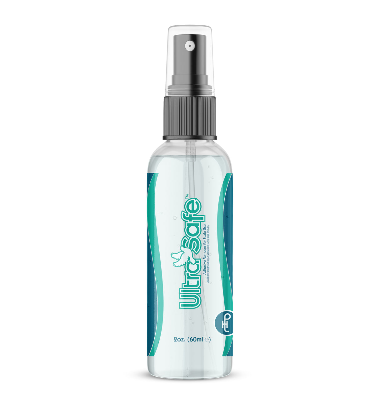 Clear spray bottle with green label on a white background