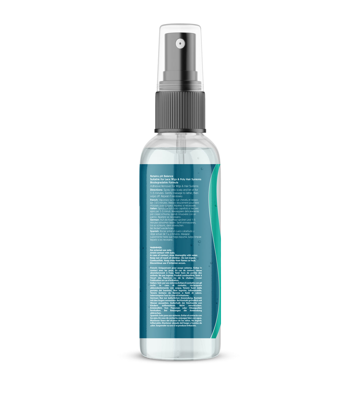 Clear spray bottle with a blue label on a white background