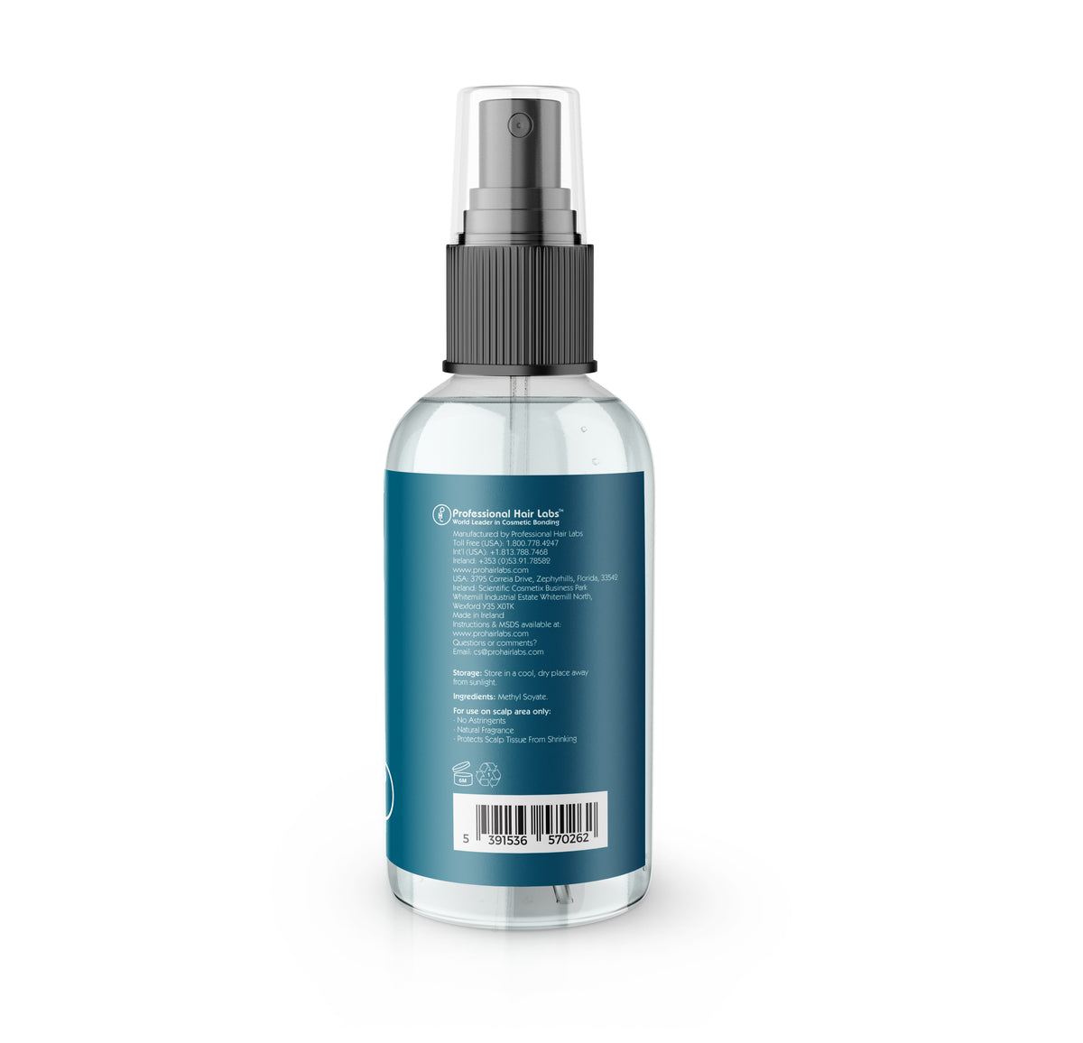 Clear spray bottle with a blue label on a white background