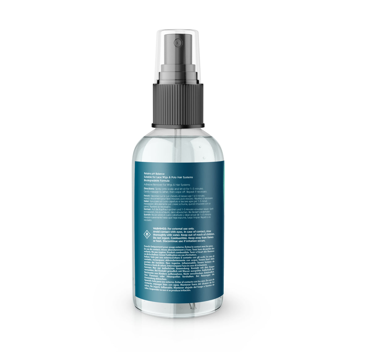 Clear spray bottle with a blue label on a white background