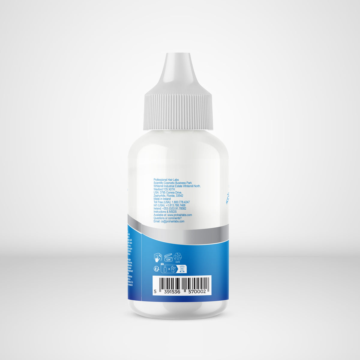White bottle with blue label on a light gray background