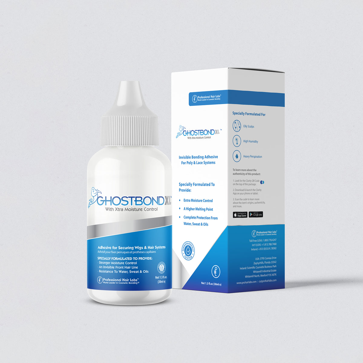 Ghostbond XLbottle and packaging on a light gray background