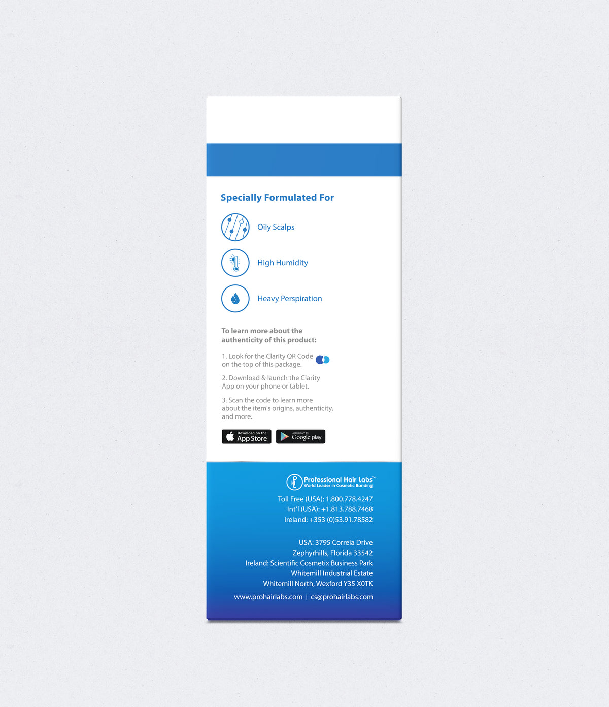 Product label with blue and white design on a light gray background