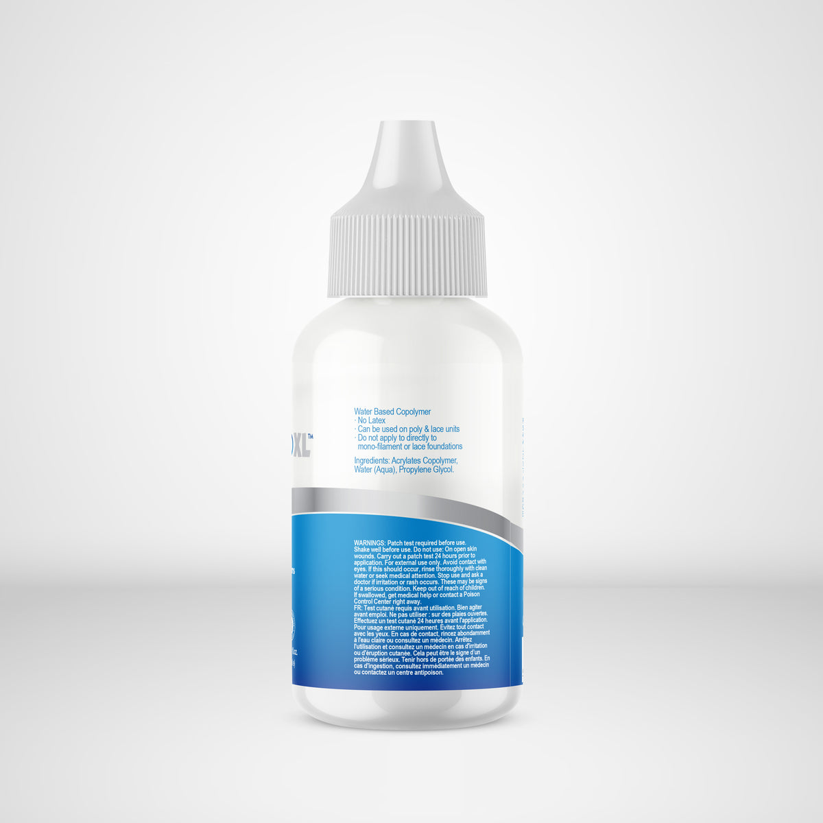 Bottle of eye drops with a blue label on a white background