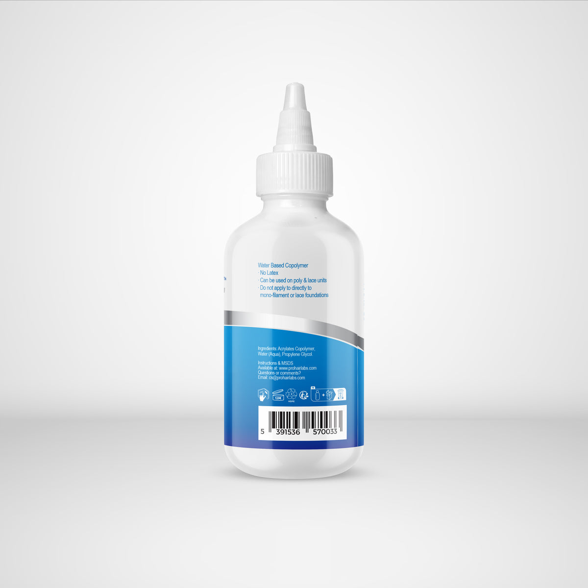 White bottle with a blue label on a white background