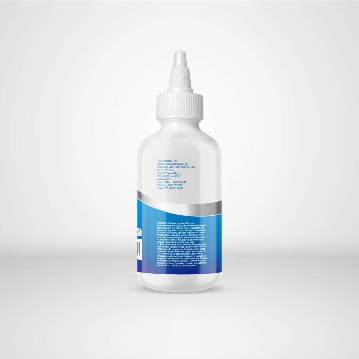 Bottle with a blue label on a white background