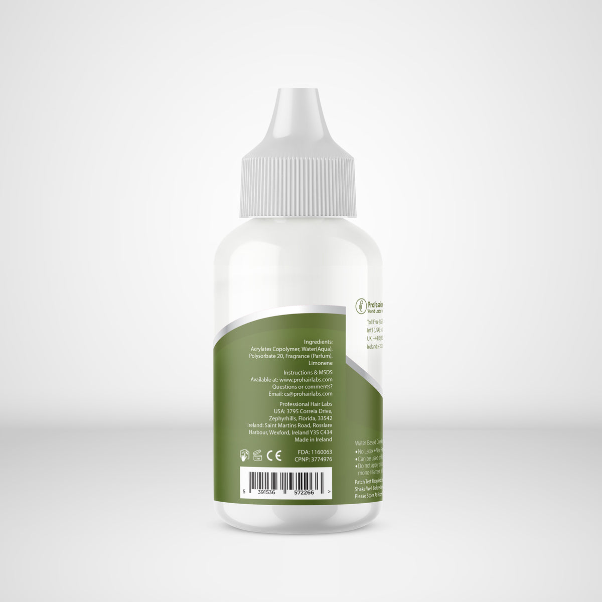 White bottle with a green label on a white background